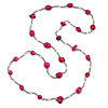 Long Deep Pink Stone and Silver Tone Acrylic Bead Necklace - 106cm L