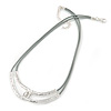 Hammered Double Loop Pendant with Light Grey Leather Cords Necklace In Light Silver Tone - 40cm L/ 7cm Ext