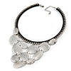 Statement Bib Style Choker Necklace with Black Ribbon In Silver Tone - 45cm L/ 5cm Ext