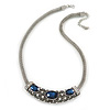 Vintage Inspired Mesh Chain With Midnight Blue/ Clear Crystal Sliding Bar Pendant Necklace In Silver Tone - 44cm L/ 4cm Ext