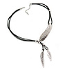 Vintage Inspired Silver Tone Feather Pendant with Black Waxed Cords - 50cm L/ 4cm Ext