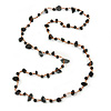 Black Ceramic Bead, Grey Glass Nugget Orange Cotton Cord Long Necklace - 90cm L