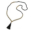 Long Black Glass/ Beige Ceramic Bead with Silk Black Tassel Necklace - 96cm L/ 9cm Tassel