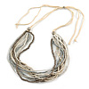White/ Transparent/ Silver/ Taupe Glass Bead Multi Strand with Ivory Suede Cord Necklace - Adjustable - 64cm Min/ 88cm Max