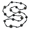 Long Wood, Resin, Glass, Ceramic Bead Necklace (Black/ Dark Grey) - 140cm Length