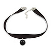 Black Silk Ribbon Choker Necklace with Black Ceramic Bead 15mm Pendant - 30cm L/ 5cm Ext