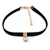 Black Faux Suede Choker Necklace with Lustrous Freshwater Pearl Bead 15mm Pendant - 30cm L/ 7cm Ext