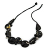 Black, Gold Wood and Glass Bead Cotton Cord Necklace - 60cm L