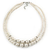 Two Row White Simulated Glass Pearl Beads with Crystal Rings Necklace - 50cm L/ 3cm Ext