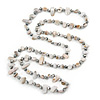 Long Off White Shell Nugget and Clear Glass Crystal Bead Necklace - 110cm L
