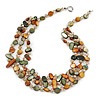 3 Strand Olive/ Mustard Shell Nugget and Crystal Bead Necklace with Silver Tone Spring Ring Closure - 52cm L/ 6cm Ext