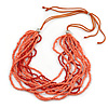 Salmon Pink/ Coral Glass Bead Multistrand Orange Suede Cord Necklace - Adjustable - 74cm L