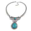 Ethnic Hammered Teardrop Pendant Necklace In Silver Tone Metal - 40cm L/ 6cm Ext