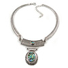 Ethnic Hammered Oval Pendant Necklace In Silver Tone Metal - 40cm L/ 6cm Ext