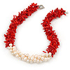 Statement 3 Strand Twisted Red Coral and Cream Freshwater Pearl Necklace with Silver Tone Spring Ring Clasp - 44cm L