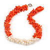 Statement 3 Strand Twisted Orange Coral and Cream Freshwater Pearl Necklace with Silver Tone Spring Ring Clasp - 44cm L