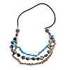 Long Layered Shell Nugget and Semiprecious Stone with Black Faux Leather Cord Necklace - 86cm L