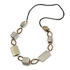 Geometric Wood Bead with Bronze Oval Link Black Faux Leather Cord Necklace (Metallic Silver) - 86cm L