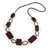 Long Mahogany Brown Square Wood Bead with Bronze Link Black Faux Leather Cord Necklace - 88