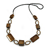 Bronze Brown Wood Bead with Oval Brass Link Black Faux Leather Cord Long Necklace - 90cm L