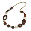 Long Brown Wood and Transparent Acrylic Bead with Olive Cotton Cords Necklace - 80cm L
