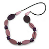 Long Purple Wood Bead with Black Faux Leather Cord Necklace - 88cm L