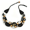 Statement Cluster Ceramic, Wood, Glass Bead Necklace with Black Cotton Cord (Natural, Black, White) - 50cm L