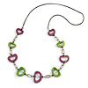 Light Green/ Purple Oval Bone Bead with Silver Tone Link Black Faux Leather Cord Necklace - 90cm L