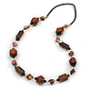 Striking Wood and Shell Bead with Silver Tone Wire Element Black Faux Leather Cord Necklace - 80cm L