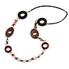 Wood and Shell Cotton Cord Necklace (Coral/ Brown/ Grey) - 94cm L