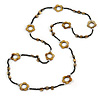 Long Black Glass Bead and Brass Brown Shell Flower Necklace - 110cm L