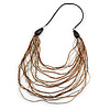 Long Layered Multi-strand Brown/ Transparent Glass Bead Black Faux Leather Cord Necklace - 100cm L
