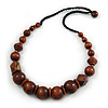 Chunky Brown Wood Bead with Black Cotton Cord Necklace - 60cm L