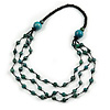 Long Layered Teal Green/ Black Wood Bead Necklace - 90cm L