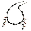 Vintage Inspired Black Ceramic/ Brown Bone Bead with Tassel Bronze Tone Chain Necklace - 96cm L