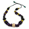 Statement Wood Bead Necklace with Black Cotton Cords (Purple, Black, Green) - 70cm L