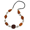 Brown Ceramic and Silver Tone Wire Element Black Faux Leather Cord Necklace - 76cm L