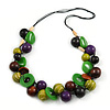 Chunky Cluster Wood, Resin Bead Black Cotton Cord Necklace (Olive, Brown, Purple, Green) - 84cm L/ 185g