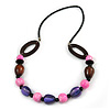 Brown/ Pink/ Purple Wood Bead Black Faux Leather Cord Necklace - 68cm L