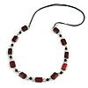 Mahogany Brown Wood and Black Ceramic Bead Cotton Cord Long Necklace - 94cm L