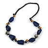 Statement Resin, Wood, Metal Bead Cotton Cord Necklace (Blue, Natural, Aged Silver) - 64cm L