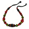 Deep Pink, Brown, Bright Green Wood Bead Necklace - 76cm L