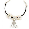 White Shell Flower Metal Wire with Black/ Off White Cotton Cord Necklace - 44cm L/ 5cm Ext