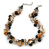 Exquisite Black Ceramic Bead & Brown/ Natural Shell Composite Silver Tone Link Necklace - 41cm L/ 4cm Ext