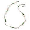 Delicate Glass Beads and Sea Shell, Metal Bar Necklace In Silver Tone (Green/ White) - 50cm L/ 6cm Ext