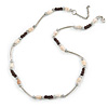 Delicate Glass Beads and Sea Shell, Metal Bar Necklace In Silver Tone (Dark Grey/ White) - 50cm L/ 6cm Ext
