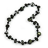 Dark Green Bone and Black Wood Bead with Cotton Cord Necklace - 62cm L