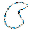 Blue/ Brown/ White Bone Rings, Blue Glass Beads Necklace - 74cm L