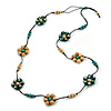 Long Green/ Natural Wood Bead Floral Black Cotton Cord Necklace - 116cm Long