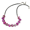Fuchsia Coin Shell and Silver Tone Metal Button Bead Black Rubber Cord Necklace - 61cm L/ 7cm Ext